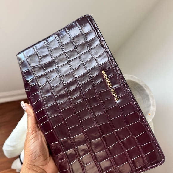 Michael Kors Crocodile Embossed Leather Crossbody or Clutch, Burgundy - Picture 6 of 8